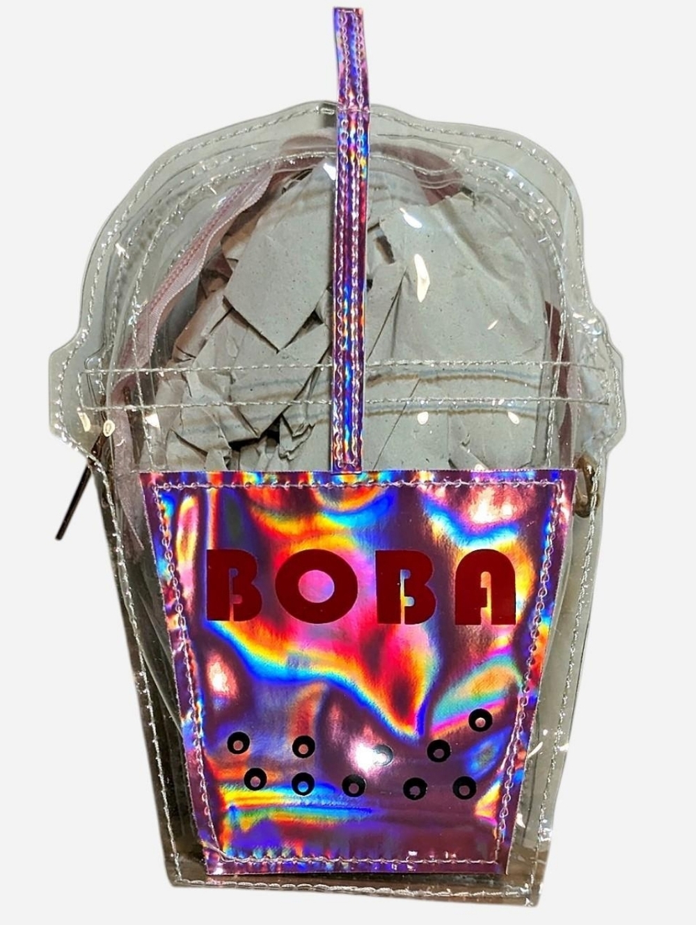Pink Holographic Boba Bubble Tea Clear Crossbody Purse Iridescent Shoulder Bag - Picture 8 of 9